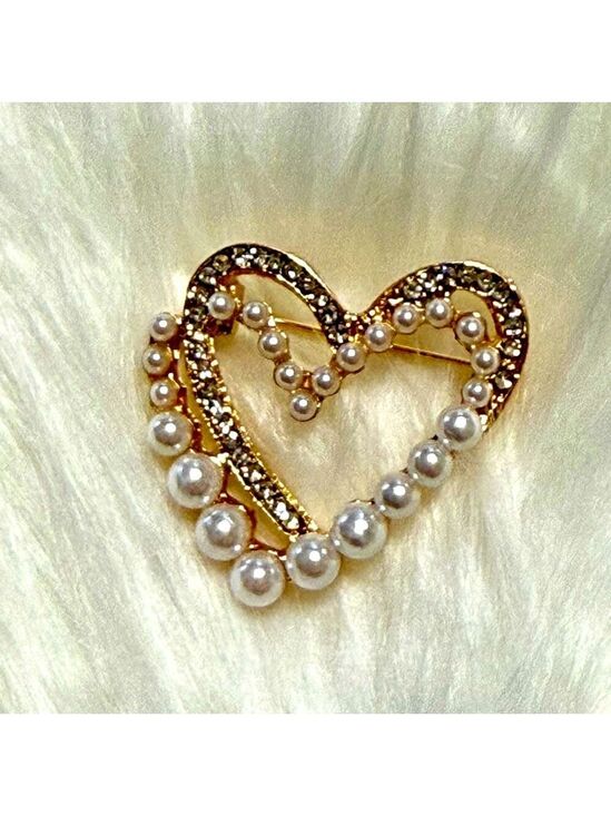 Unbranded Jewelry - Gold Tone Faux Pearl And Clear Crystal Heart Brooch New